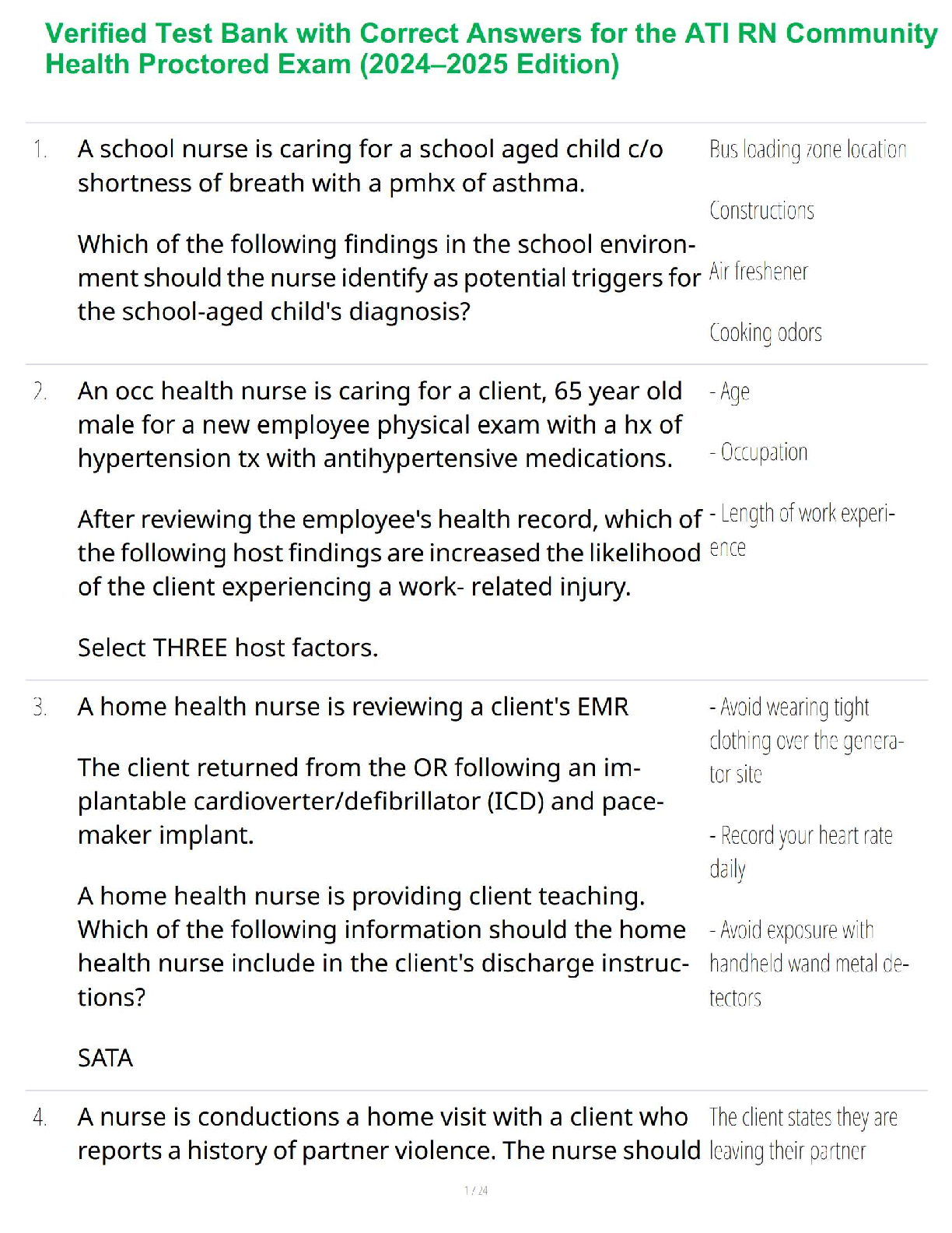 Preview of Verified Test Bank with Correct Answers for the ATI RN Community Health Proctored Exam (2024–2025 Edition)