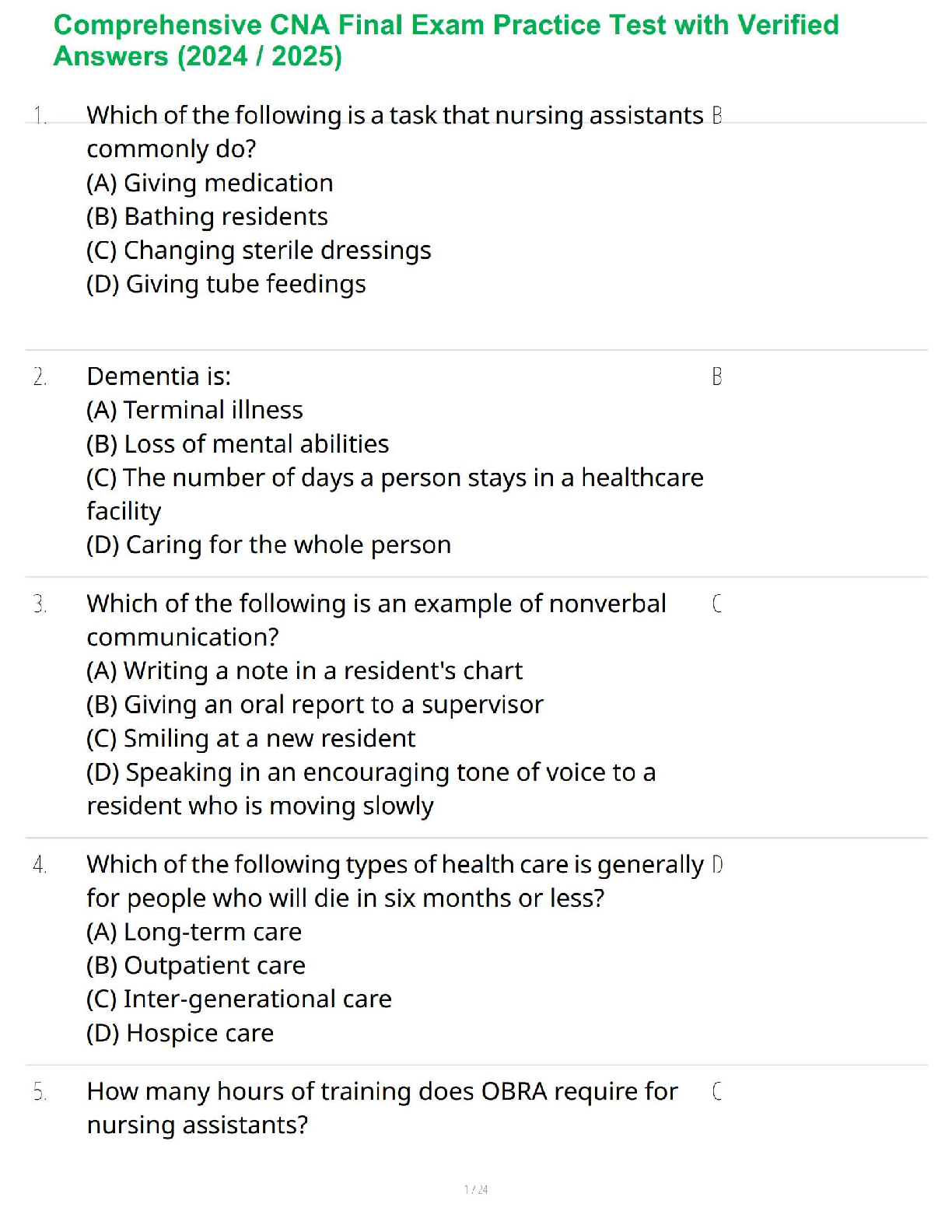 Comprehensive CNA Final Exam Practice Test with Verified Answers (2024 / 2025)