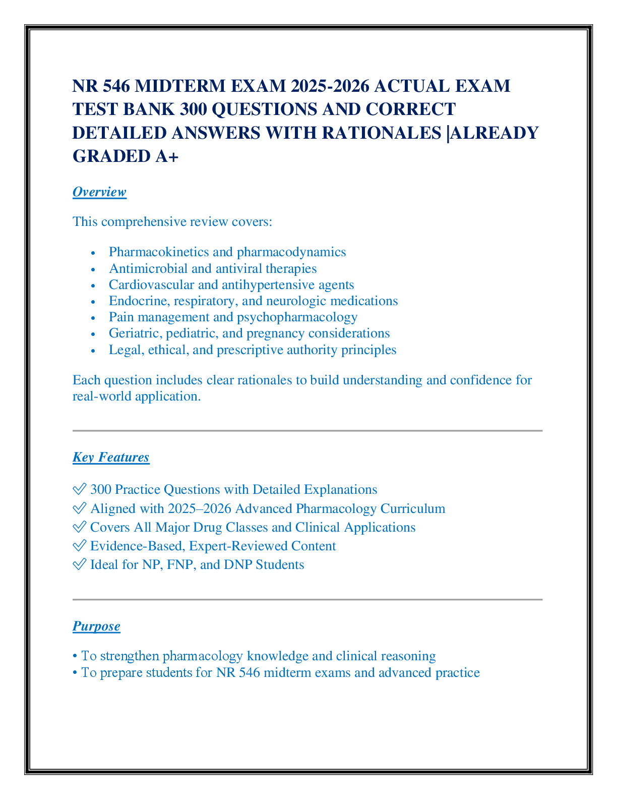 Recommended document preview for NR 546 MIDTERM EXAM 2025-2026 ACTUAL EXAM  TEST BANK 300 QUESTIONS AND CORRECT  DETAILED ANSWERS WITH RATIONALES |ALREADY GRADED A+