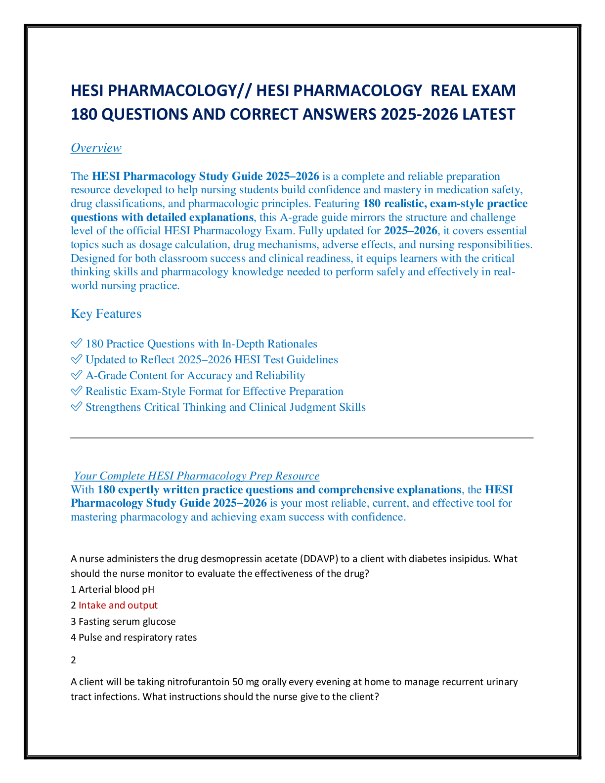 HESI PHARMACOLOGY// HESI PHARMACOLOGY  REAL EXAM  180 QUESTIONS AND CORRECT ANSWERS 2025-2026 LATEST