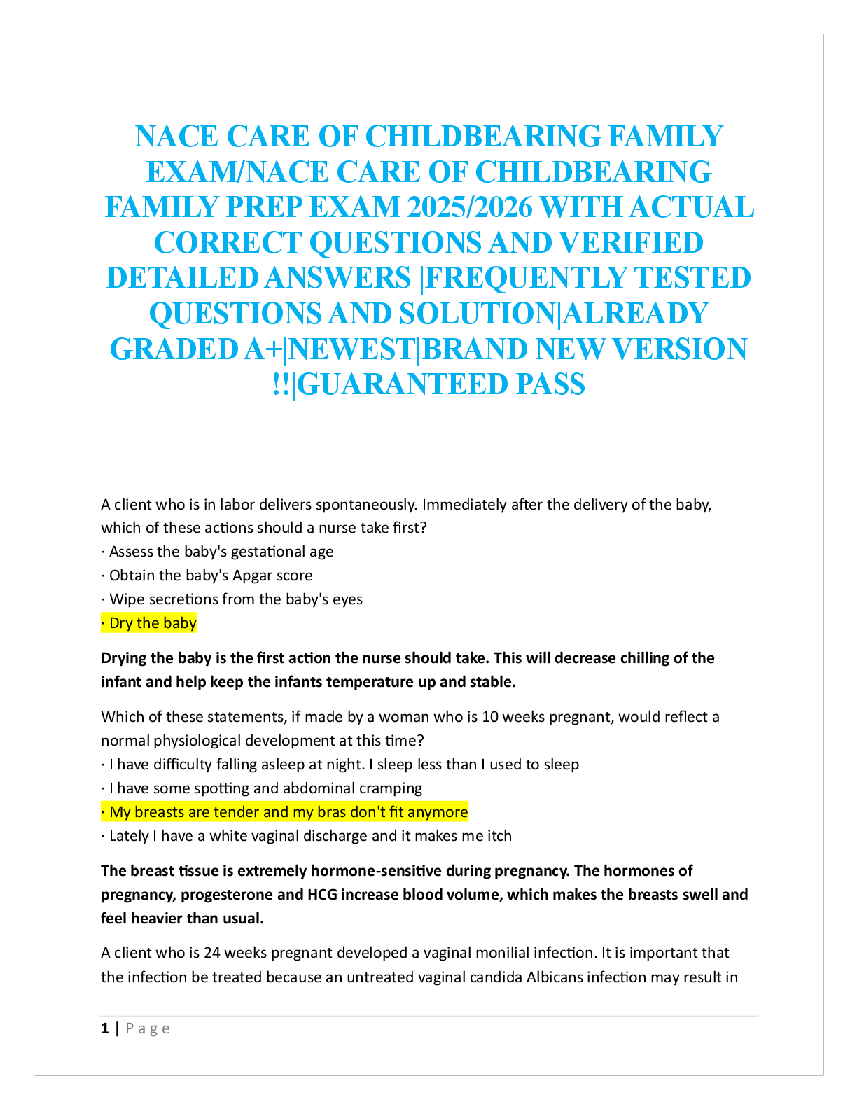 NACE CARE OF CHILDBEARING FAMILY  EXAM/NACE CARE OF CHILDBEARING  FAMILY PREP EXAM  