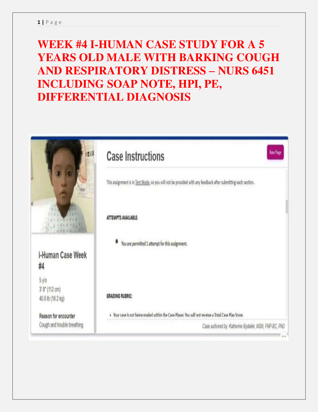 Preview image for WEEK #4 I-HUMAN CASE STUDY FOR A 5  YEARS OLD MALE WITH BARKING COUGH  AND RESPIRATORY DISTRESS – NURS 6451  INCLUDING SOAP NOTE, HPI, PE,  DIFFERENTIAL DIAGNOSIS