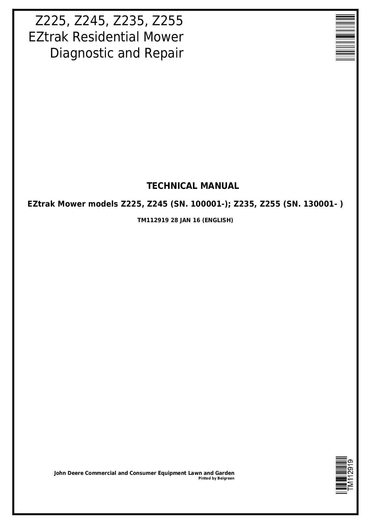 Preview image for John Deere Z225 Z245 Z235 Z255 EZtrak Repair Service Technical Manual