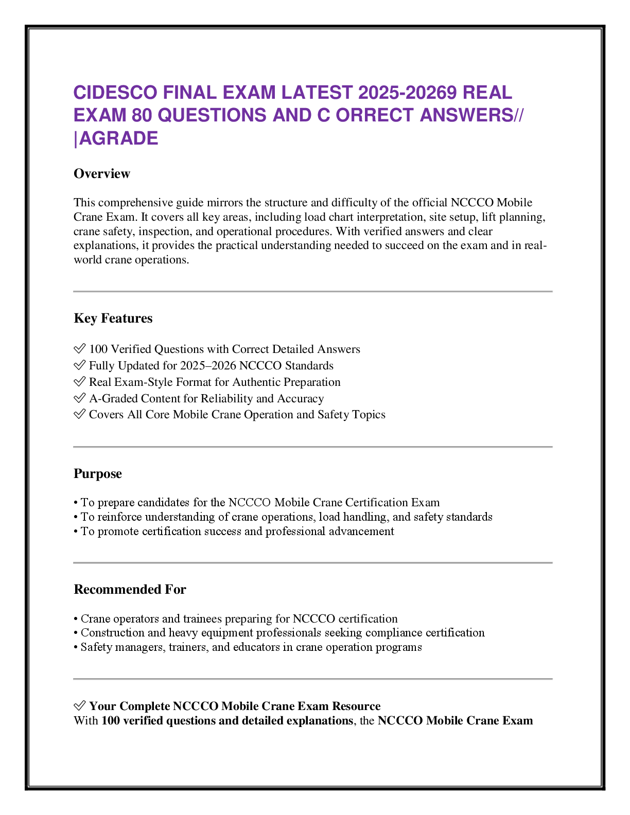Recommended document preview for CIDESCO FINAL EXAM LATEST 2025-20269 REAL  EXAM 80 QUESTIONS AND C ORRECT ANSWERS//  |AGRADE