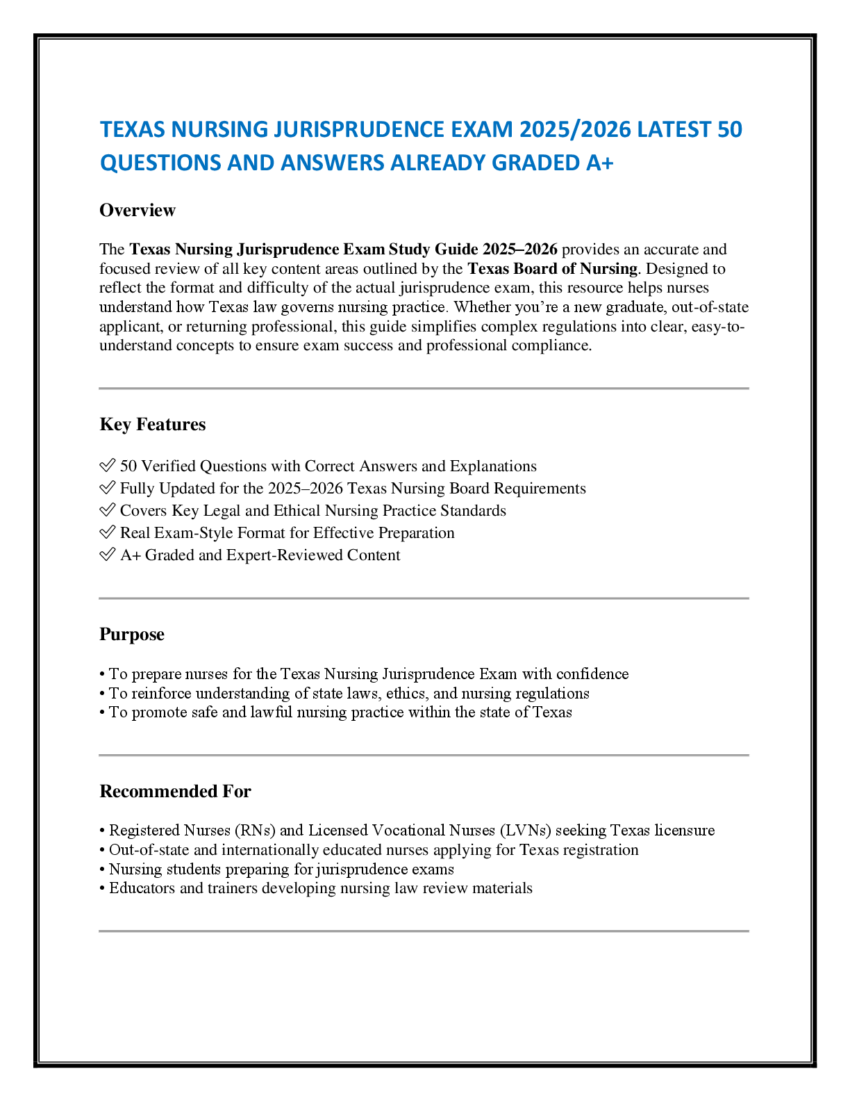 TEXAS NURSING JURISPRUDENCE EXAM 2025/2026 LATEST 50 QUESTIONS AND ANSWERS ALREADY GRADED A+