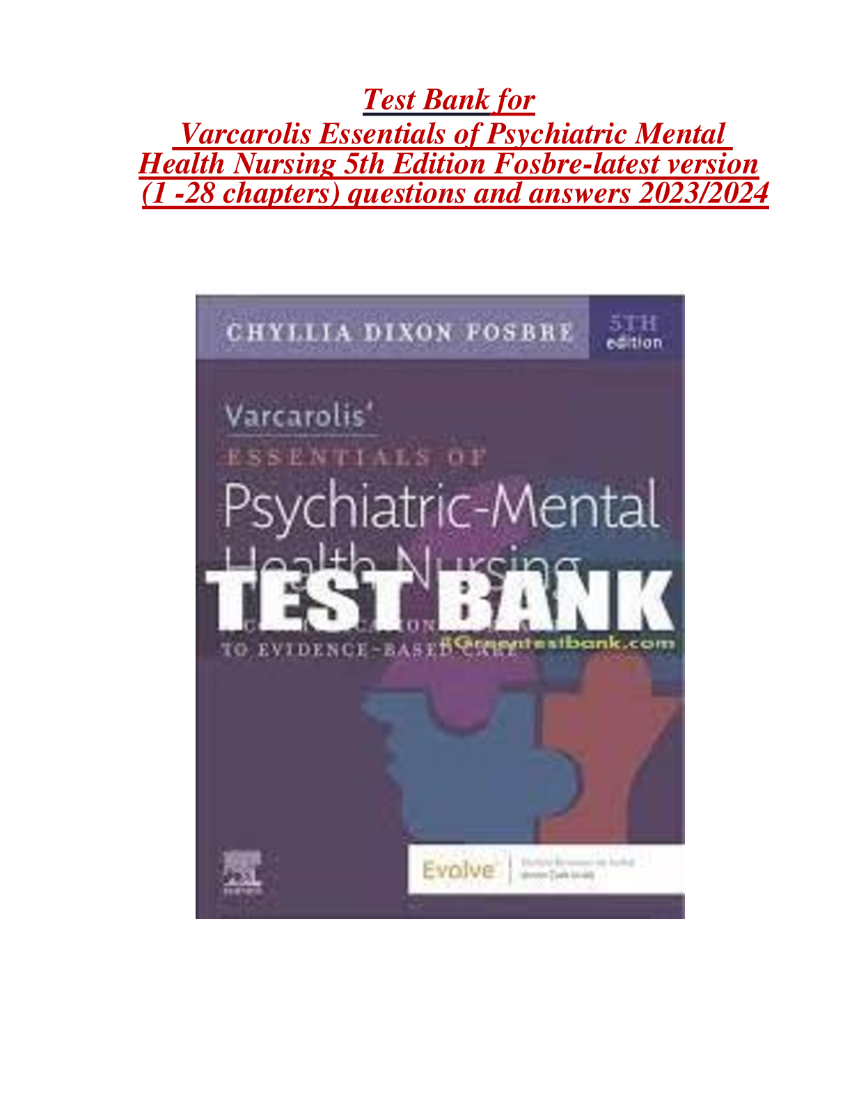 Preview image for Test Bank for Varcarolis Essentials of Psychiatric Mental Health Nursing 5th Edition Fosbre-latest version (1 -28 chapters) questions and answers 2023/2024