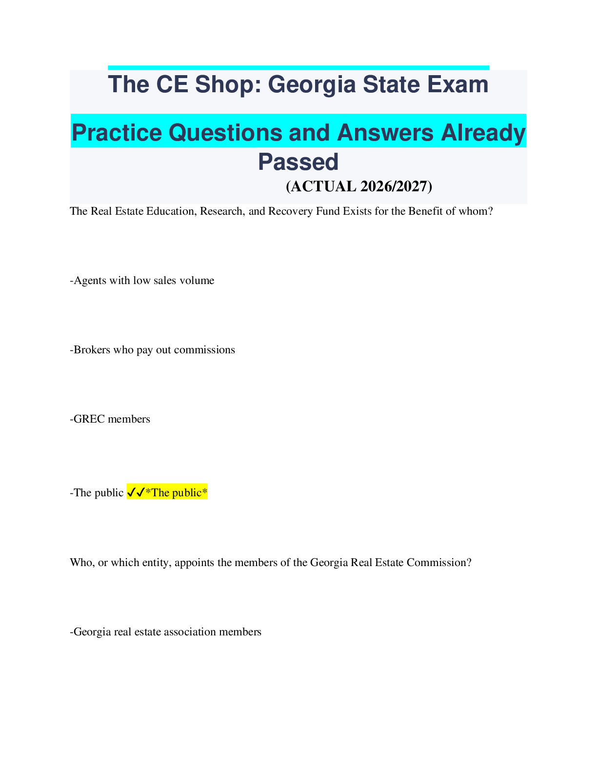 Preview image for The CE Shop: Georgia State Exam Practice Questions and Answers Already Passed (ACTUAL 2026/2027)