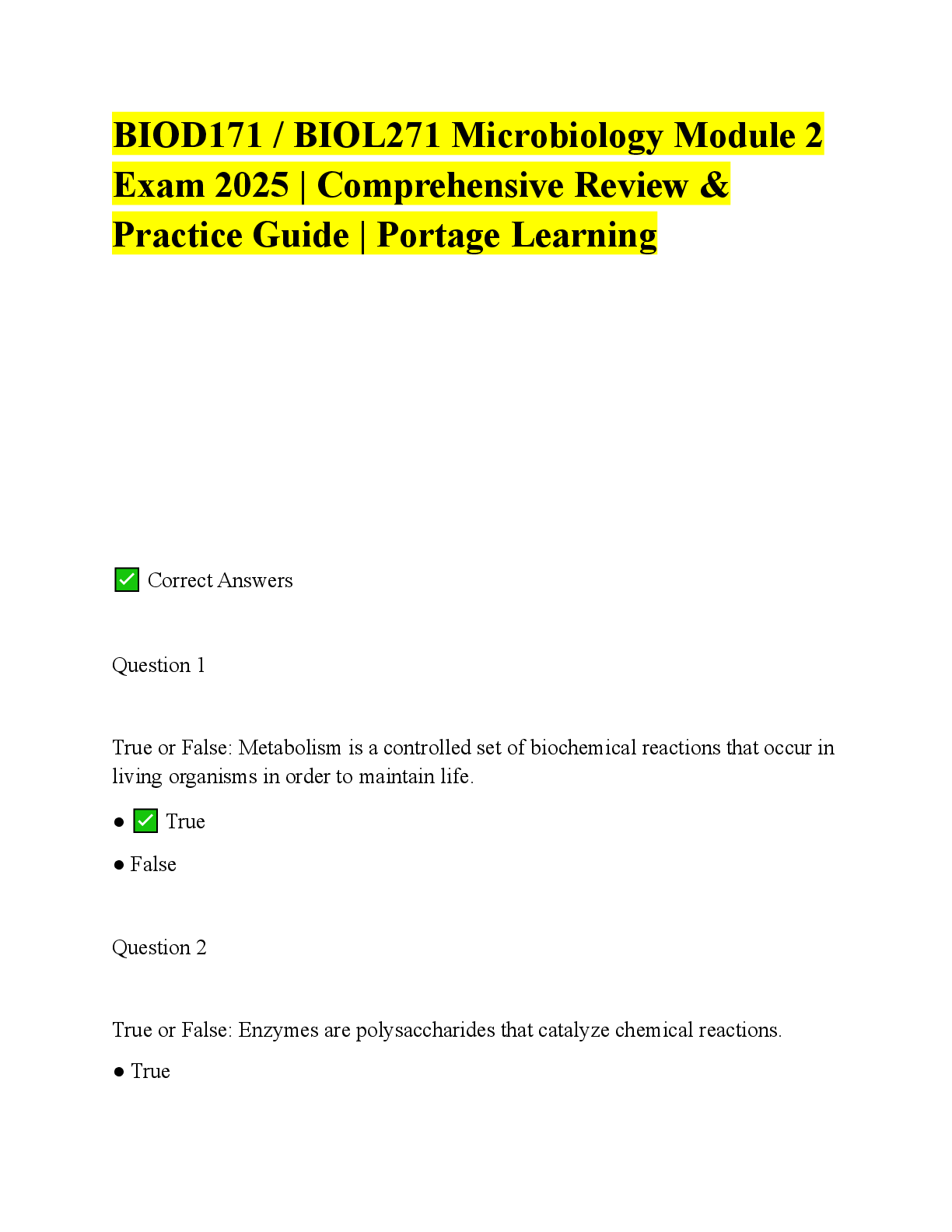 Preview image for BIOD171 / BIOL271 Microbiology Module 2 Exam 2025 | Comprehensive Review & Practice Guide | Portage Learning