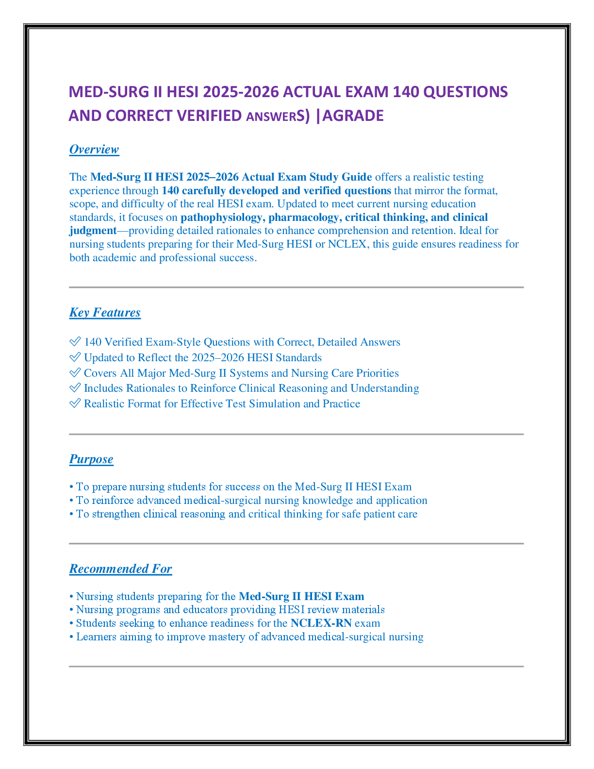 Recommended document preview for MED-SURG II HESI 2025-2026 ACTUAL EXAM 140 QUESTIONS   AND CORRECT VERIFIED ANSWERS) |AGRADE