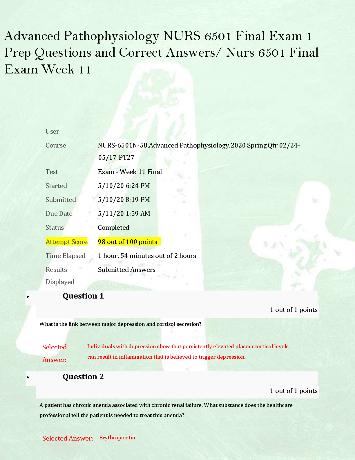 Preview of Advanced Pathophysiology NURS 6501 Final Exam 1  Prep Questions and Correct Answers/ Nurs