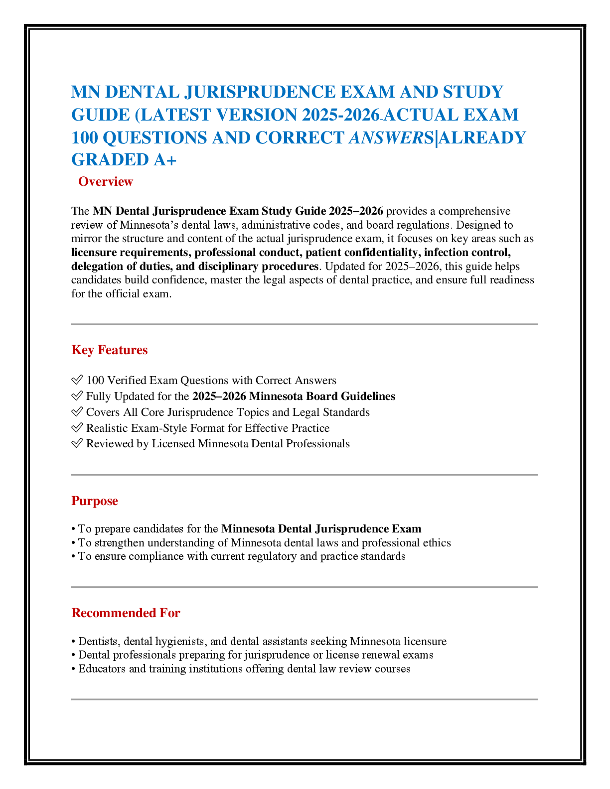 MN DENTAL JURISPRUDENCE EXAM AND STUDY GUIDE (LATEST VERSION 2025-2026-ACTUAL EXAM 100 QUESTIONS AND CORRECT ANSWERS|ALREADY GRADED A+
