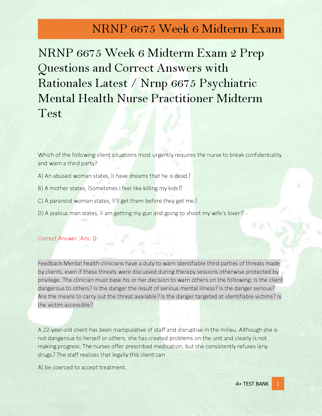 Preview of NRNP 6675 Week 6 Midterm Exam 2 Prep  Questions and Correct Answers with  Rationales Lates
