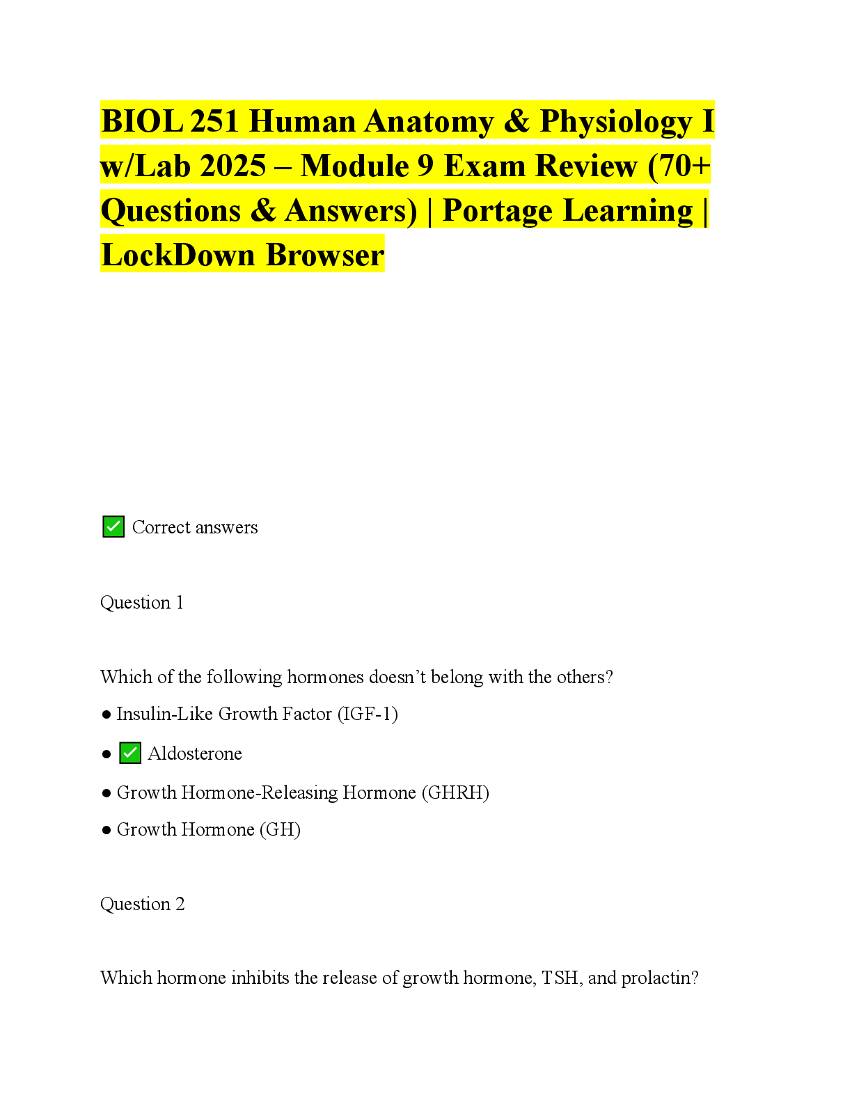 Preview image for BIOL 251 Human Anatomy & Physiology I w/Lab 2025 – Module 9 Exam Review (70+ Questions & Answers) | Portage Learning | LockDown Browser