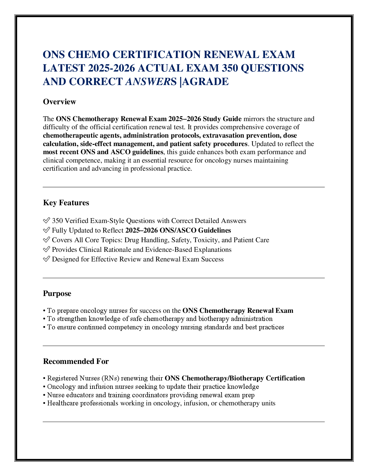 ONS CHEMO CERTIFICATION RENEWAL EXAM   LATEST 2025-2026 ACTUAL EXAM 350 QUESTIONS   AND CORRECT ANSWERS |AGRADE
