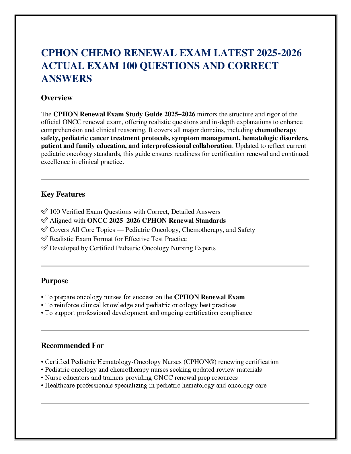 CPHON CHEMO RENEWAL EXAM LATEST 2025-2026 ACTUAL EXAM 100 QUESTIONS AND CORRECT  ANSWERS