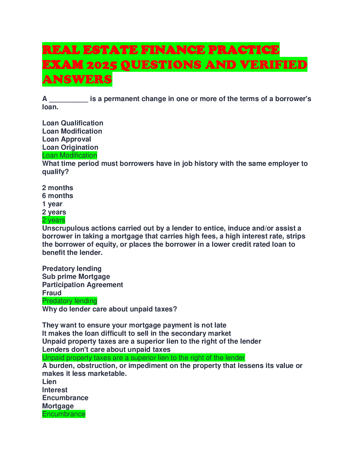 Preview image for REAL ESTATE FINANCE PRACTICE EXAM 2025 QUESTIONS AND VERIFIED ANSWERS REAL ESTATE FINANCE PRACTICE EXAM 2025 QUESTIONS AND VERIFIED ANSWERS