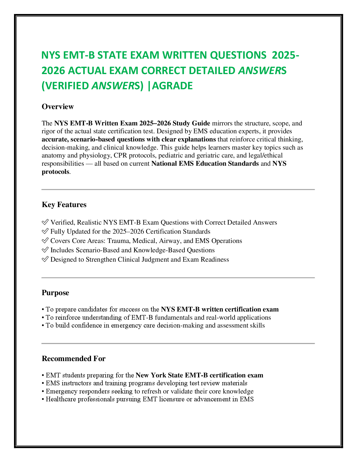 NYS EMT-B STATE EXAM WRITTEN QUESTIONS  2025-2026 ACTUAL EXAM CORRECT DETAILED ANSWERS   (VERIFIED ANSWERS) |AGRADE