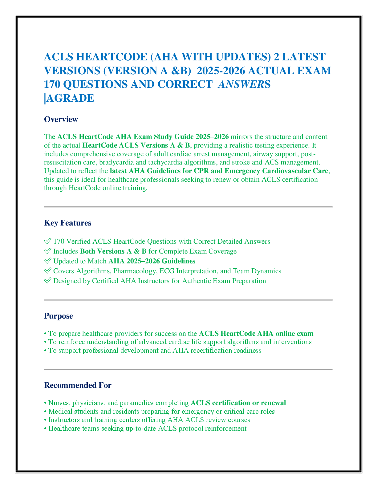 Recommended document preview for ACLS HEARTCODE (AHA WITH UPDATES) 2 LATEST   VERSIONS (VERSION A &B)  2025-2026 ACTUAL EXAM  170 QUESTIONS AND CORRECT  ANSWERS  |AGRADE