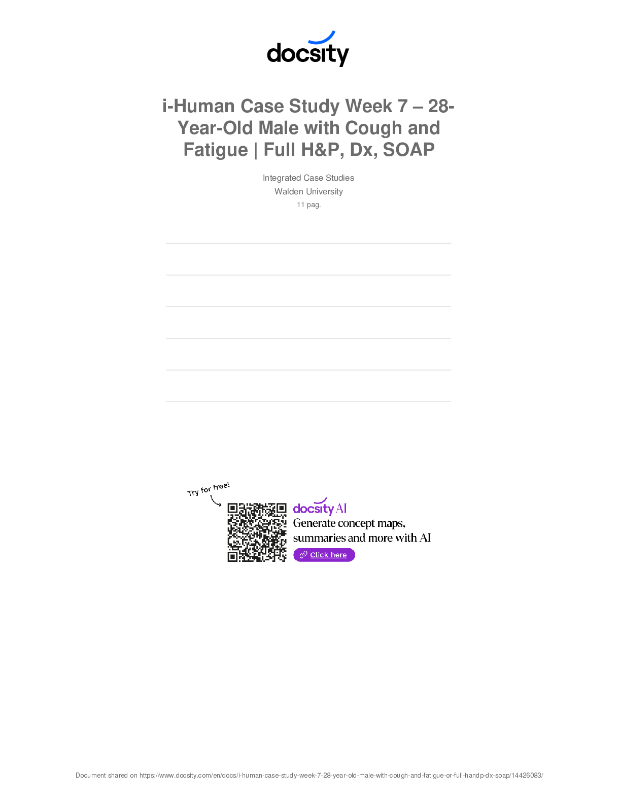 Preview image for i-Human Case Study Week 7 – 28-Year-Old Male with Cough  and Fatigue | Full H&P, Dx, SOAP Note, Differential Diagnosis,  and Management Plan