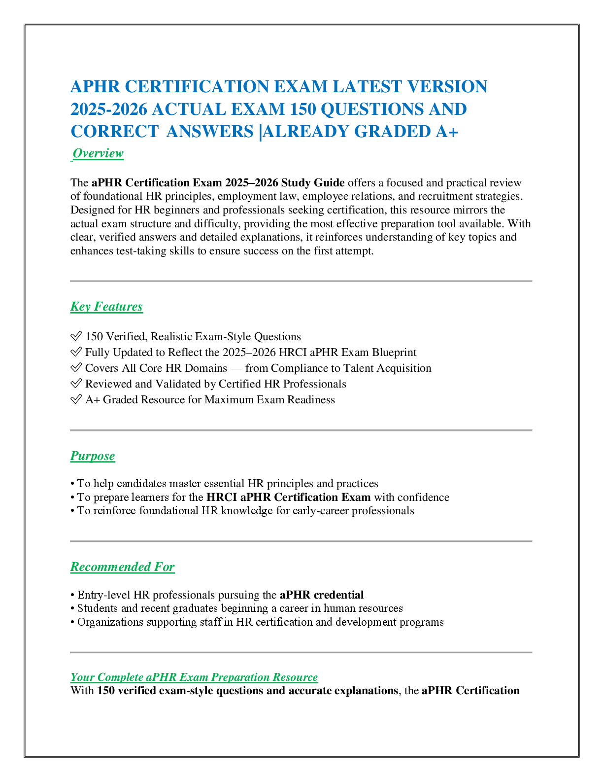 APHR CERTIFICATION EXAM LATEST VERSION 2025-2026 ACTUAL EXAM 150 QUESTIONS AND CORRECT  ANSWERS |ALREADY GRADED A+