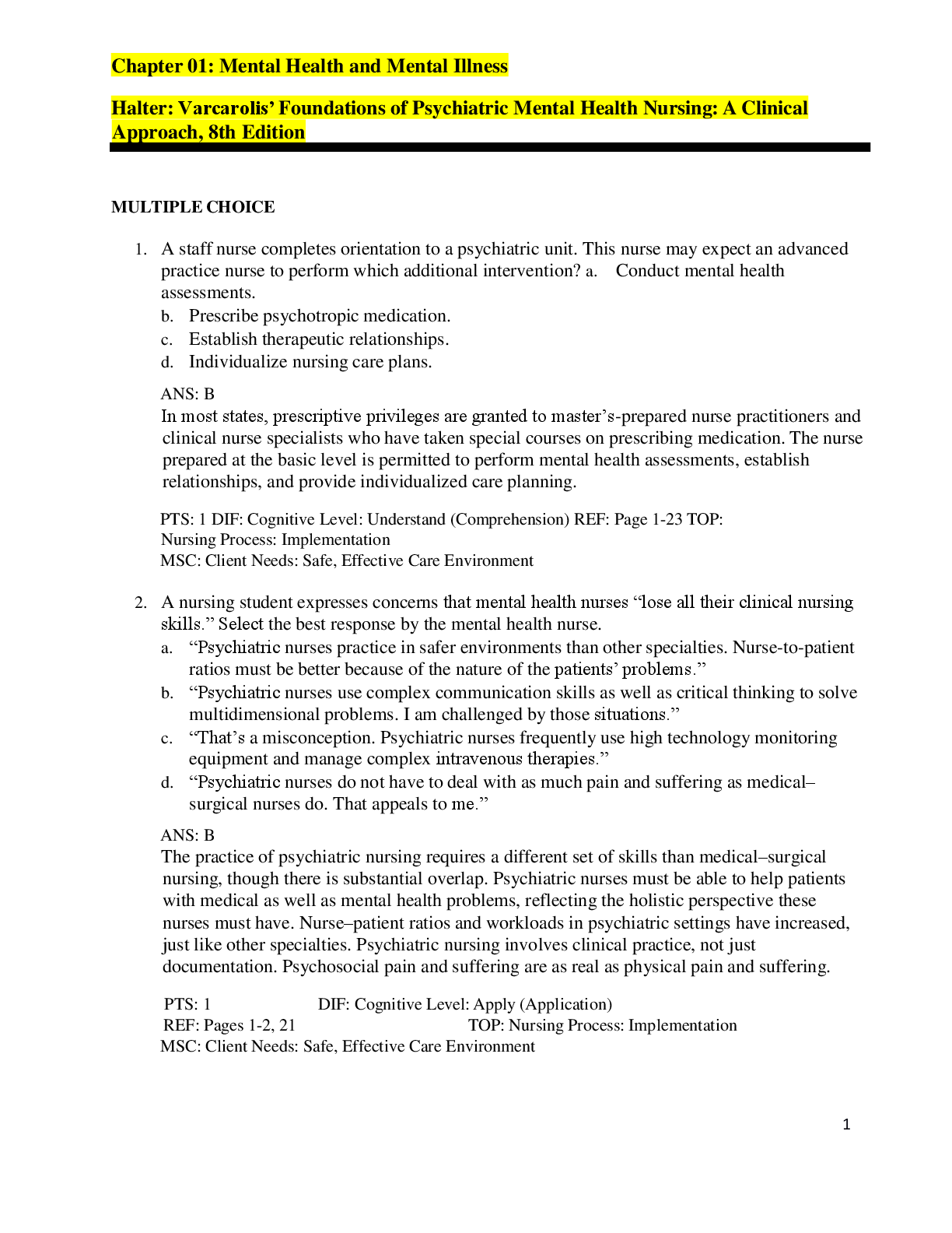 Preview image for Test Bank for Varcarolis Foundations of Psychiatric Mental Health Nursing