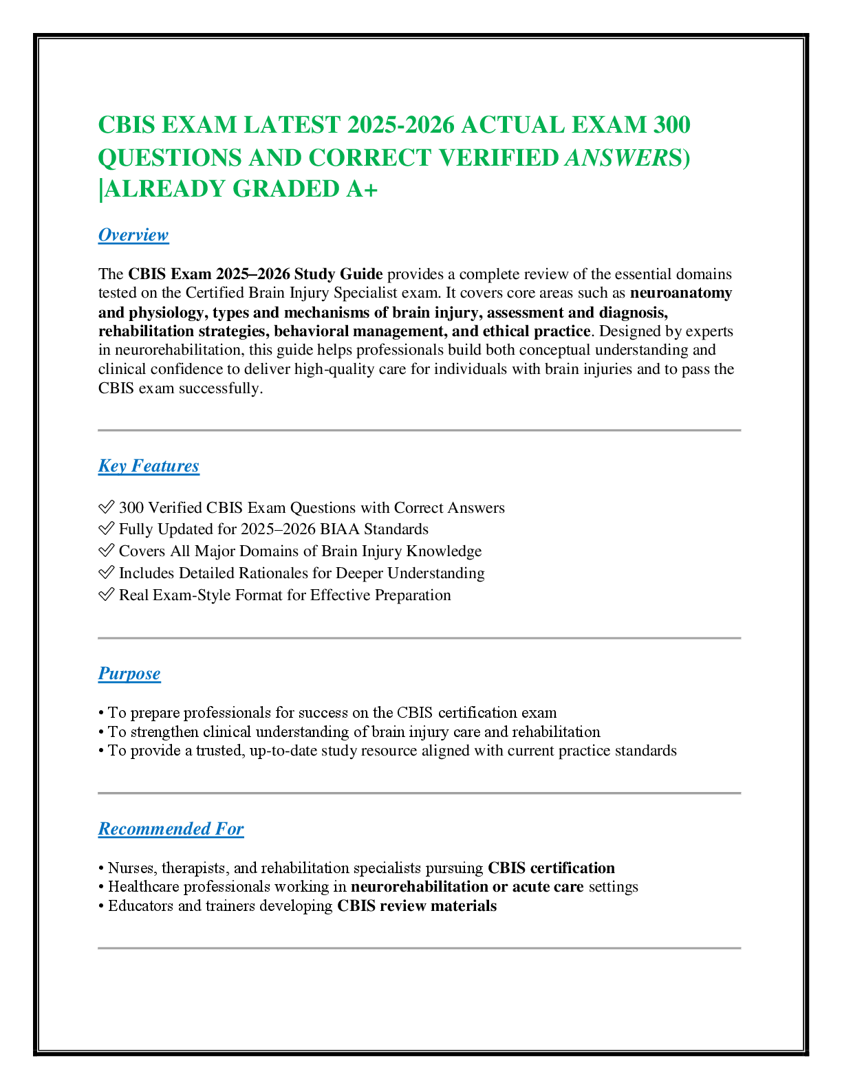 CBIS EXAM LATEST 2025-2026 ACTUAL EXAM 300   QUESTIONS AND CORRECT VERIFIED ANSWERS) |ALREADY GRADED A+