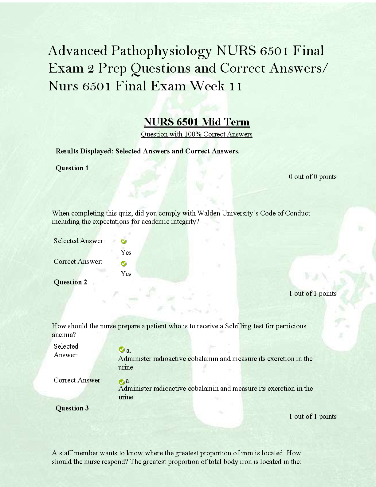 Advanced Pathophysiology NURS 6501 Final  Exam 2 Prep Questions and Correct Answers/  Nurs 6501 Final Exam Week 11