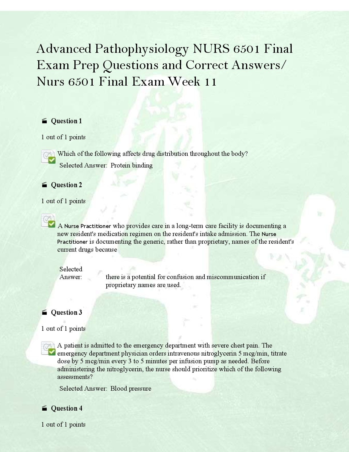 Advanced Pathophysiology NURS 6501 Final  Exam Prep Questions and Correct Answers/  Nurs 6501 Final Exam Week 11