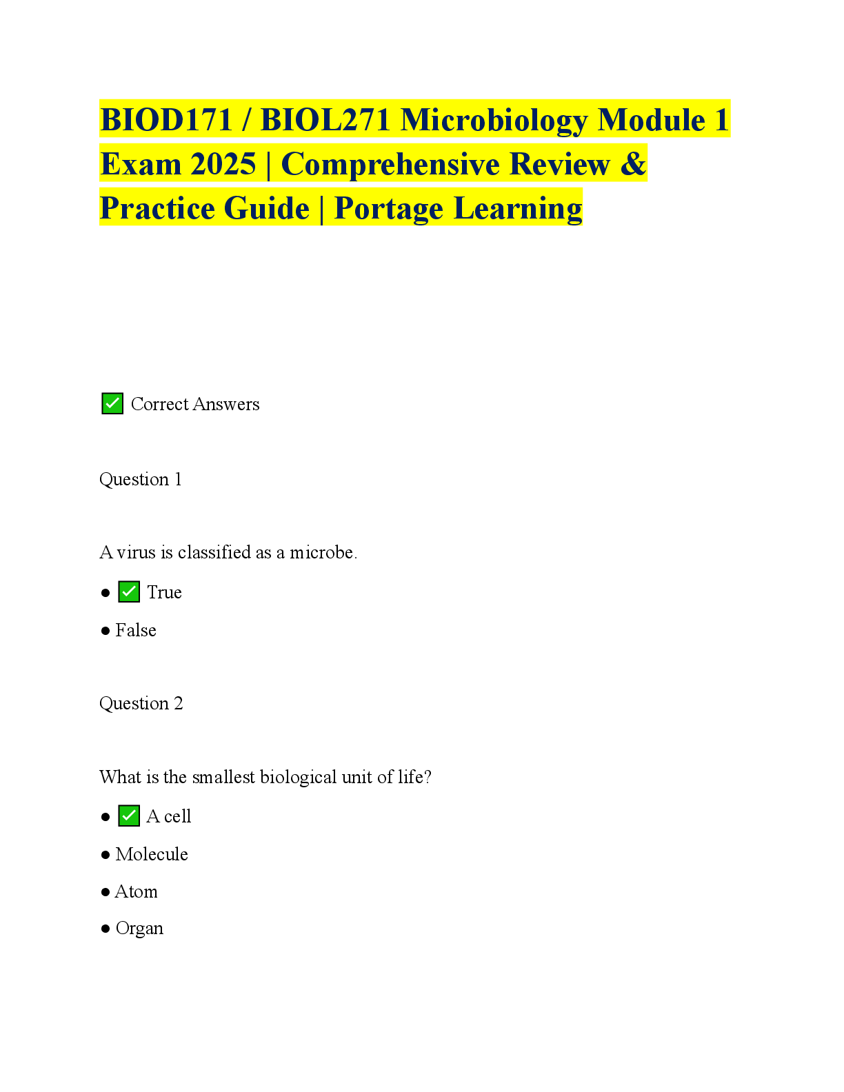 Preview image for BIOD171 / BIOL271 Microbiology Module 1 Exam 2025 | Comprehensive Review & Practice Guide | Portage Learning