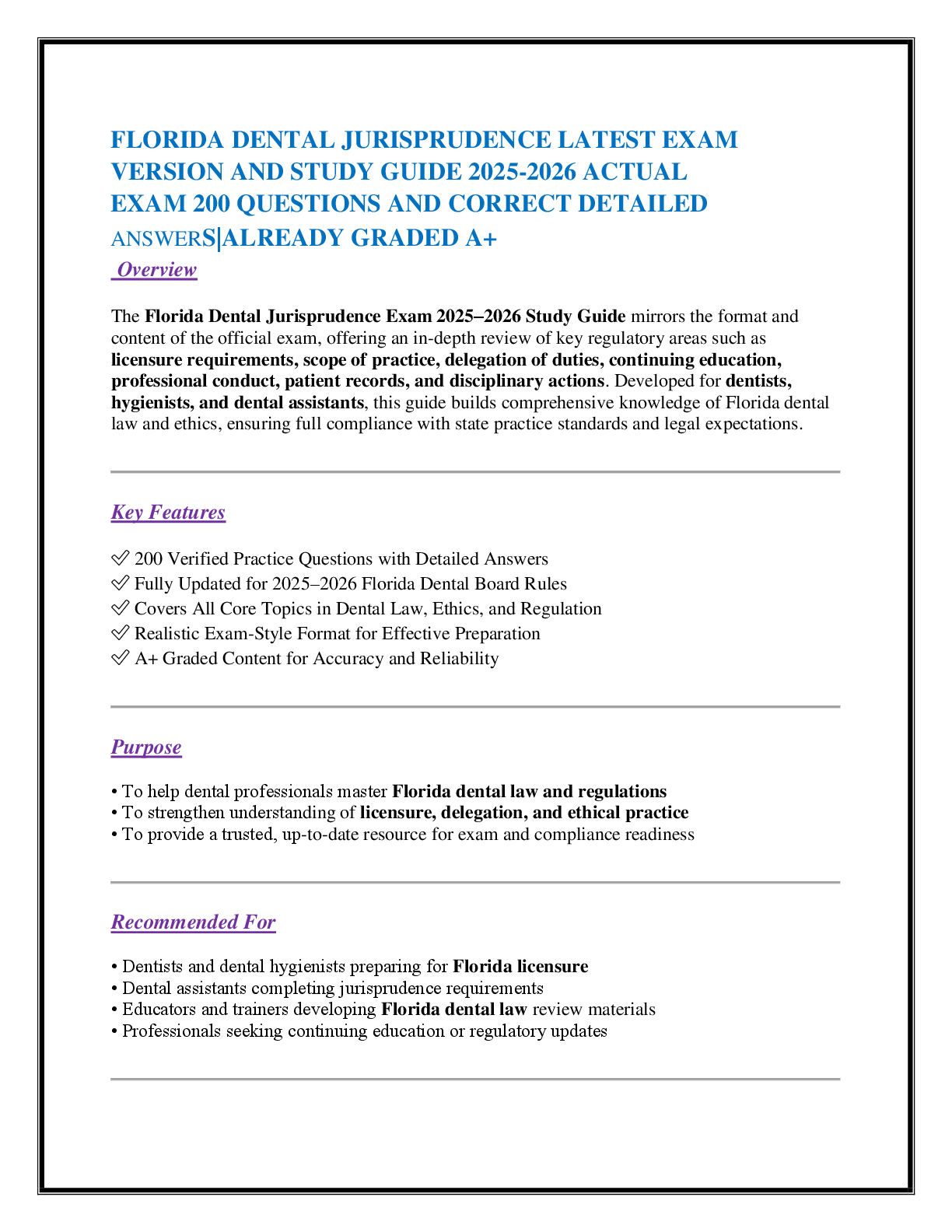 Preview of FLORIDA DENTAL JURISPRUDENCE LATEST EXAM   VERSION AND STUDY GUIDE 2025-2026 ACTUAL   EXAM 200 QUESTIONS AND CORRECT DETAILED  ANSWERS|ALREADY GRADED A+