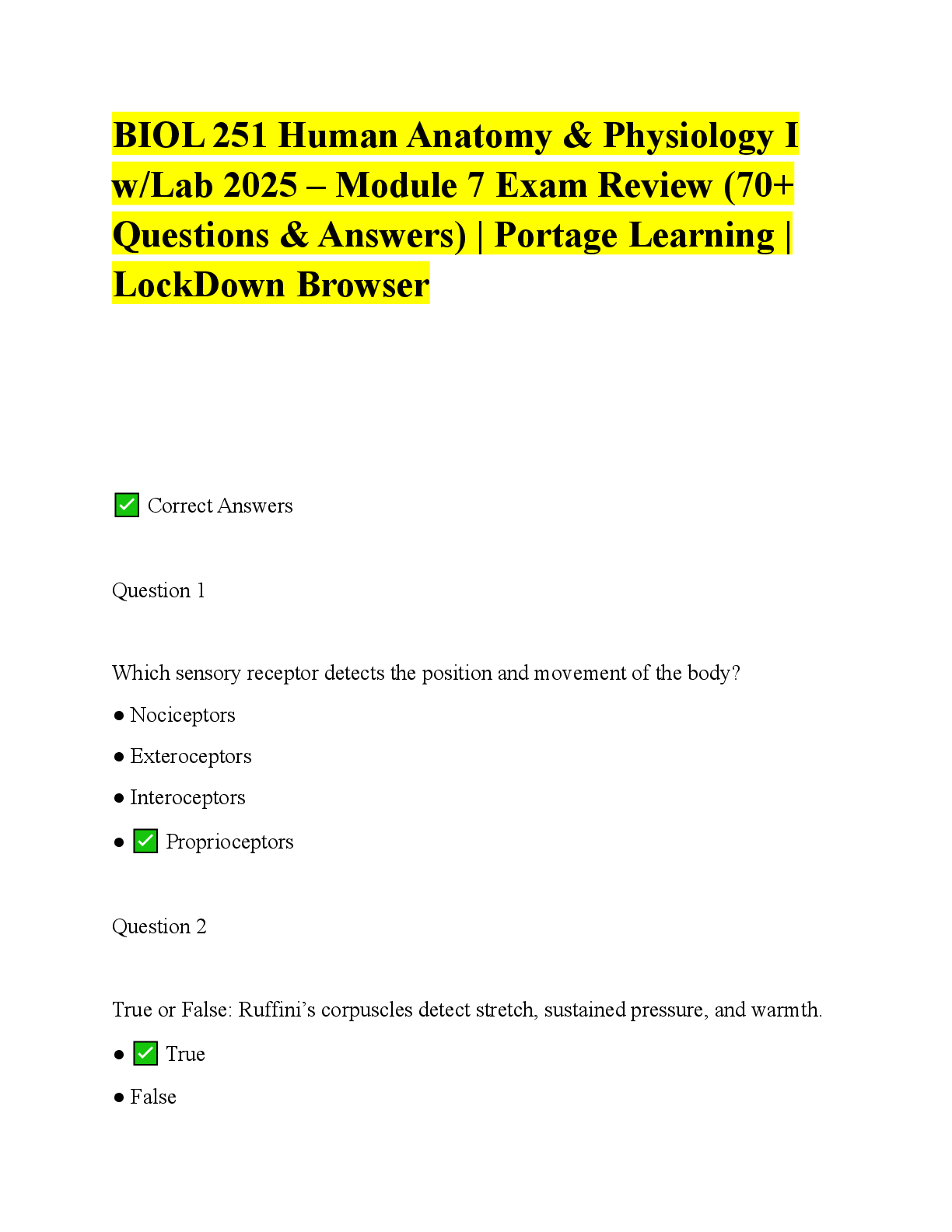 Preview image for BIOL 251 Human Anatomy & Physiology I w/Lab 2025 – Module 7 Exam Review (70+ Questions & Answers) | Portage Learning | LockDown Browser