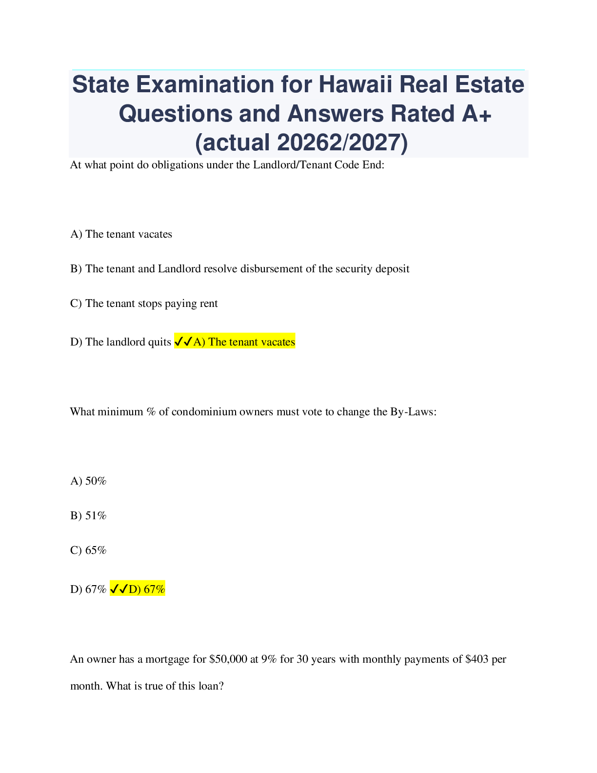 Preview image for State Examination for Hawaii Real Estate Questions and Answers Rated A+ (actual 20262/2027