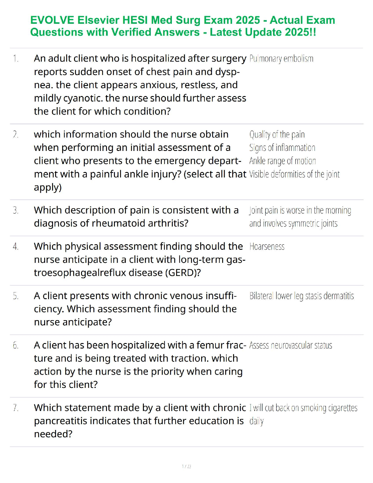 Preview of EVOLVE Elsevier HESI Med Surg Exam 2025 - Actual Exam Questions with Verified Answers - Latest Update 2025!!