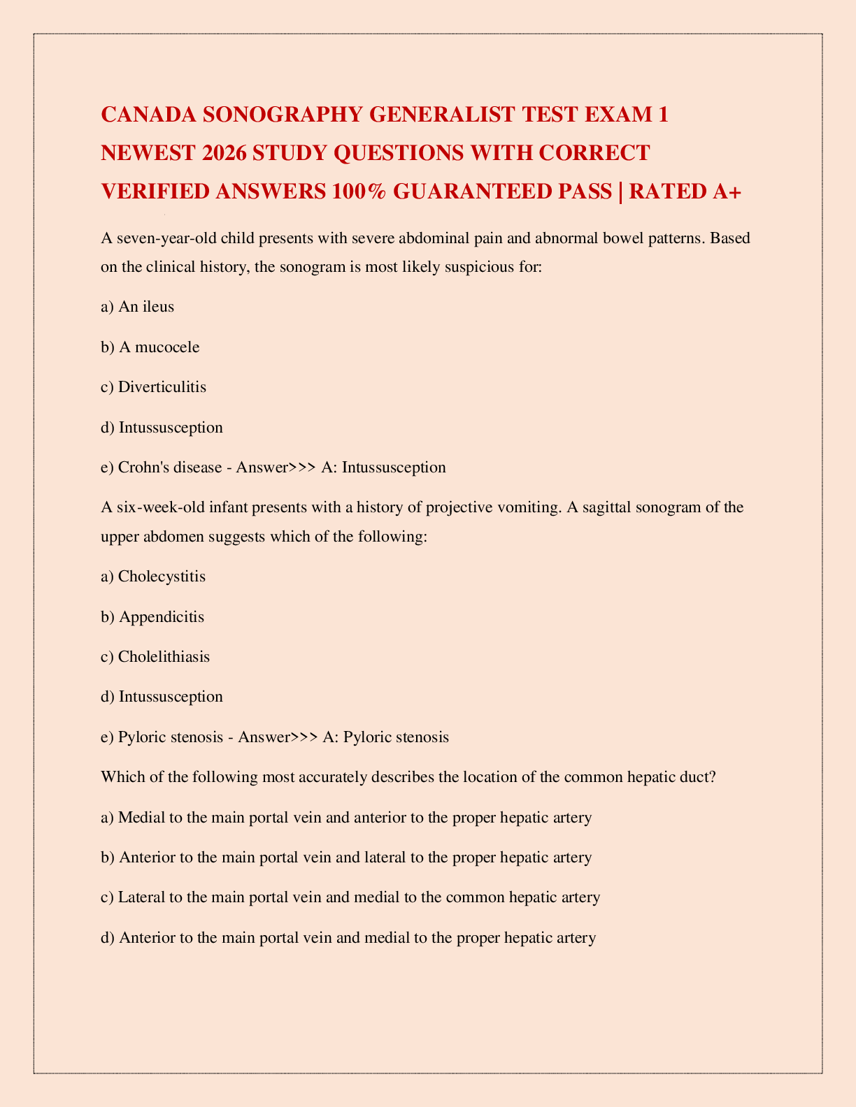 Preview image for CANADA SONOGRAPHY GENERALIST TEST EXAM 1 NEWEST 2026 STUDY QUESTIONS WITH CORRECT VERIFIED ANSWERS 100% GUARANTEED PASS | RATED A+