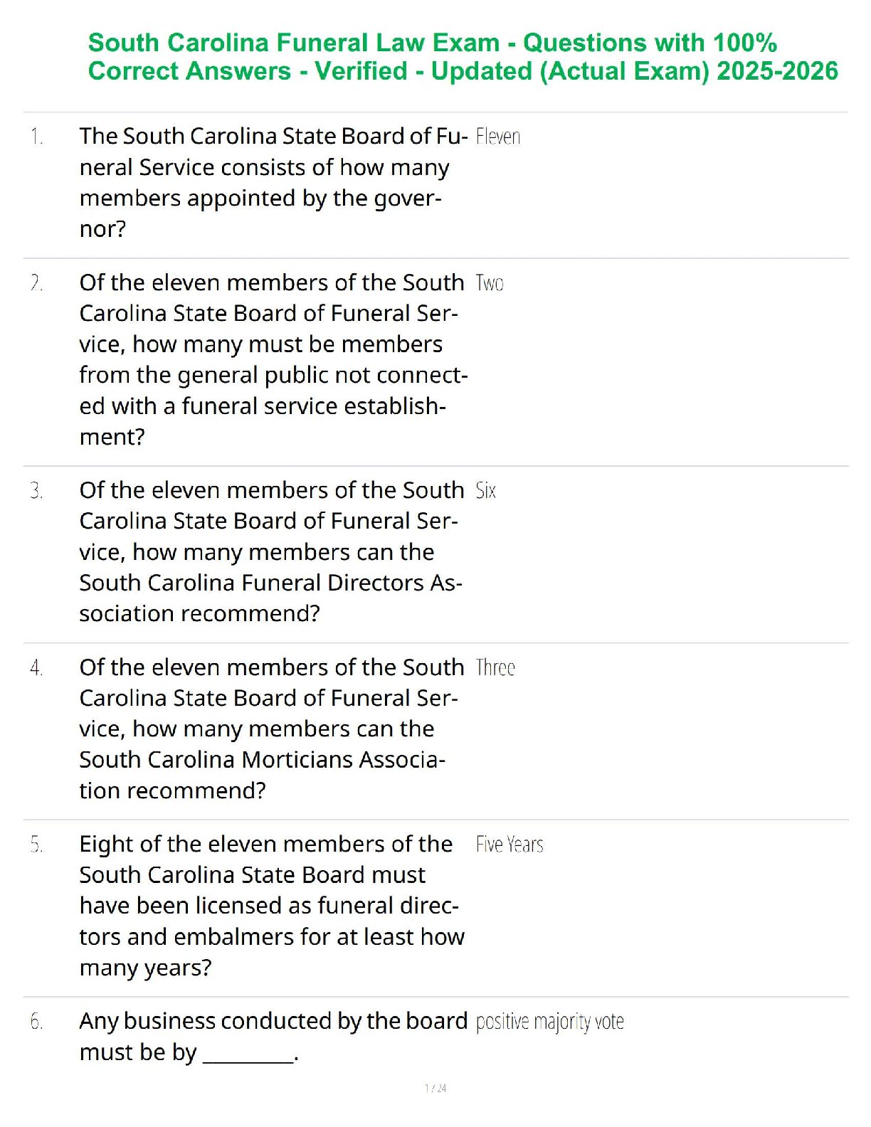 Recommended document preview for South Carolina Funeral Law Exam - Questions with 100% Correct Answers - Verified - Updated (Actual Exam) 2025-2026