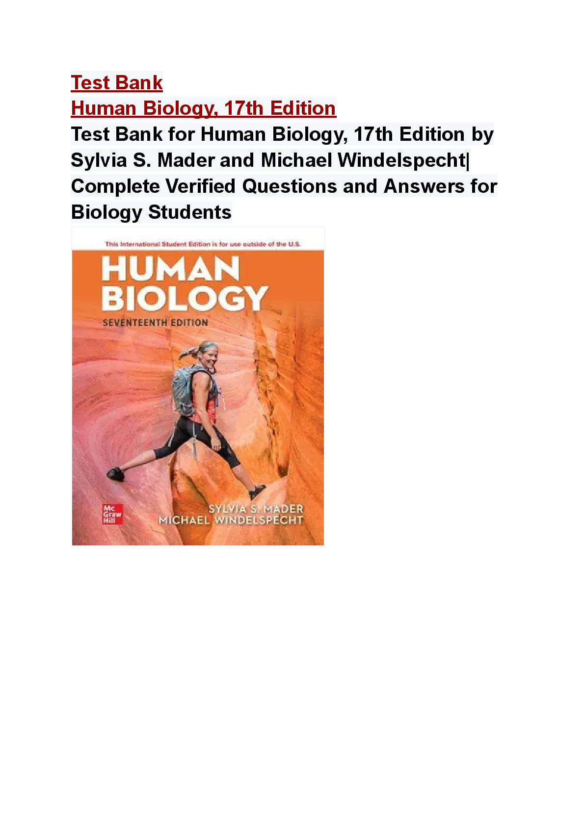 Preview image for Test Bank for Human Biology, 17th Edition by Sylvia S. Mader and Michael Windelspecht| Complete Verified Questions and Answers for Biology Students