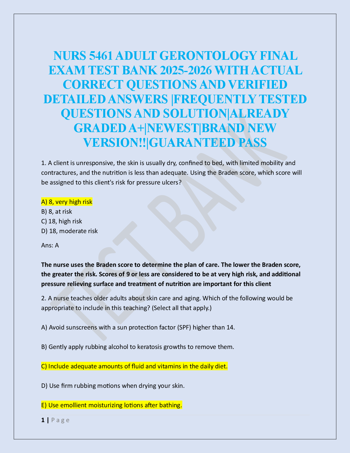 NURS 5461 ADULT GERONTOLOGY FINAL  EXAM TEST BANK  