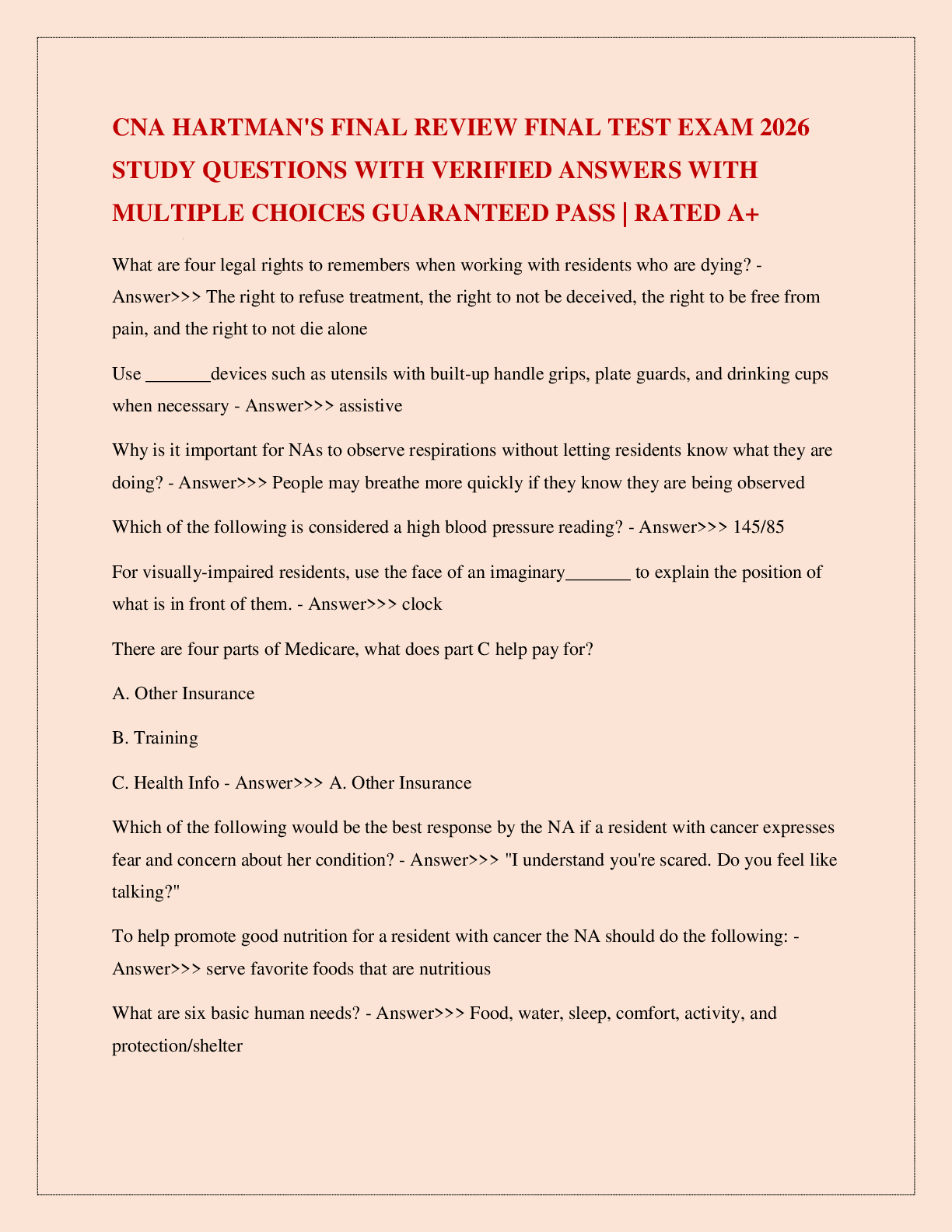 Preview image for CNA HARTMAN'S FINAL REVIEW FINAL TEST EXAM 2026 STUDY QUESTIONS WITH VERIFIED ANSWERS WITH MULTIPLE CHOICES GUARANTEED PASS | RATED A+