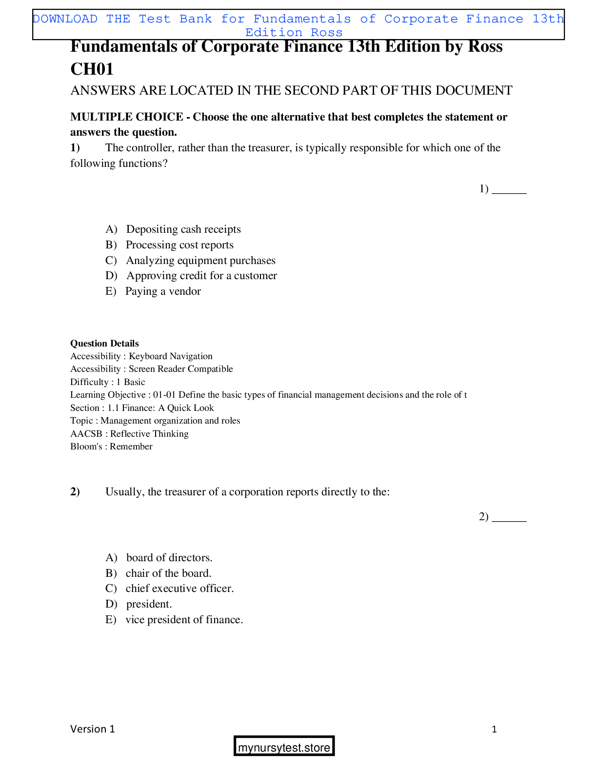 Preview image for Test Bank for Fundamentals of Corporate Finance 13th Edition Ross