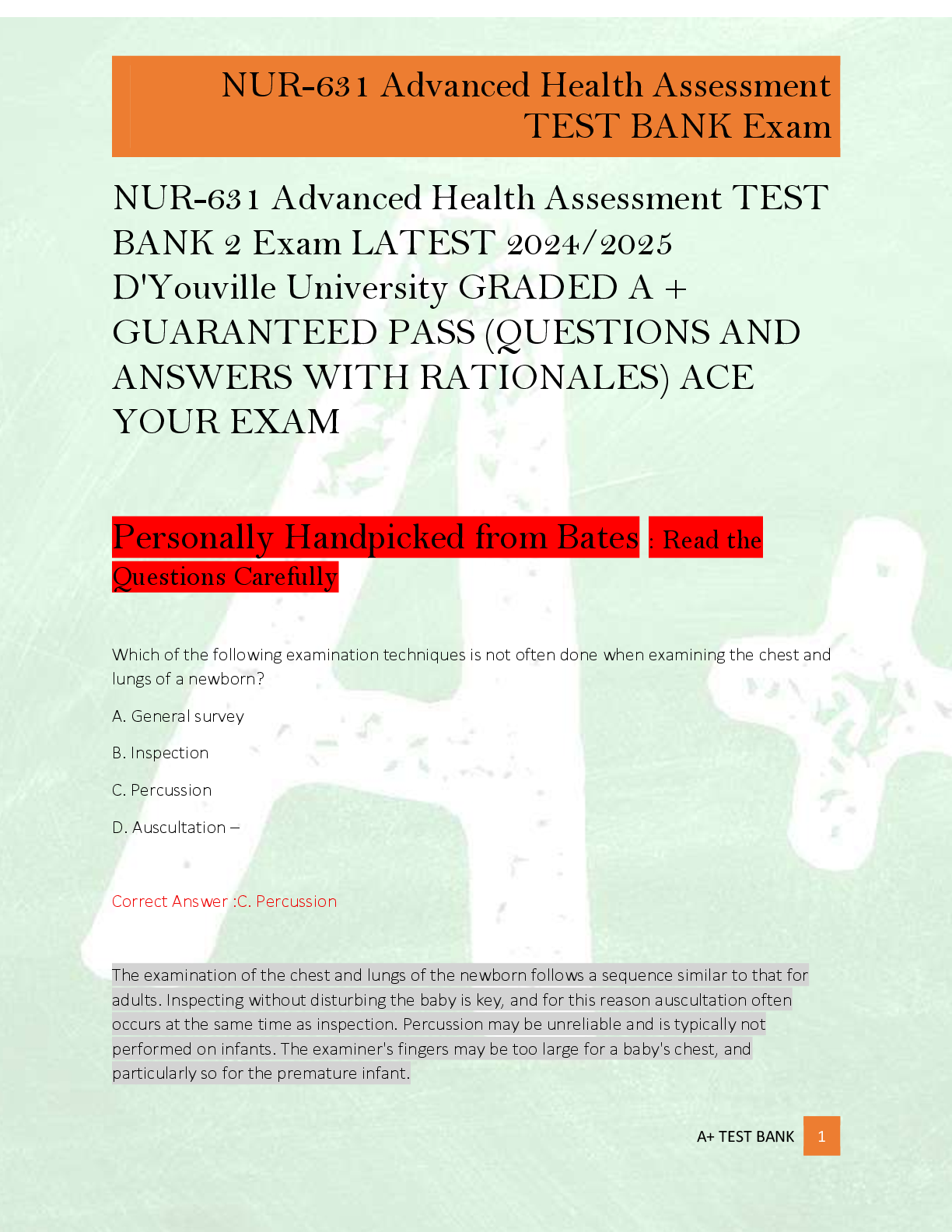 NUR-631 Advanced Health Assessment TEST  BANK 2 Exam LATEST 2024/2025  D'Youville University GRADED A +  GUARANTEED PASS (QUESTIONS AND  ANSWERS WITH RATIONALES) ACE  YOUR EXAM