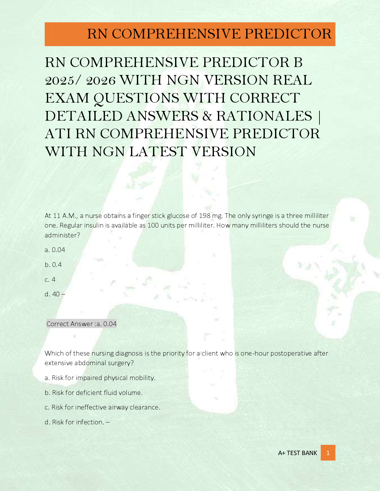 Recommended document preview for RN COMPREHENSIVE PREDICTOR B  2025/ 2026 WITH NGN VERSION REAL  EXAM QUESTIONS WITH CORRECT  DETAILED ANSWERS & RATIONALES |  ATI RN COMPREHENSIVE PREDICTOR  WITH NGN LATEST VERSION