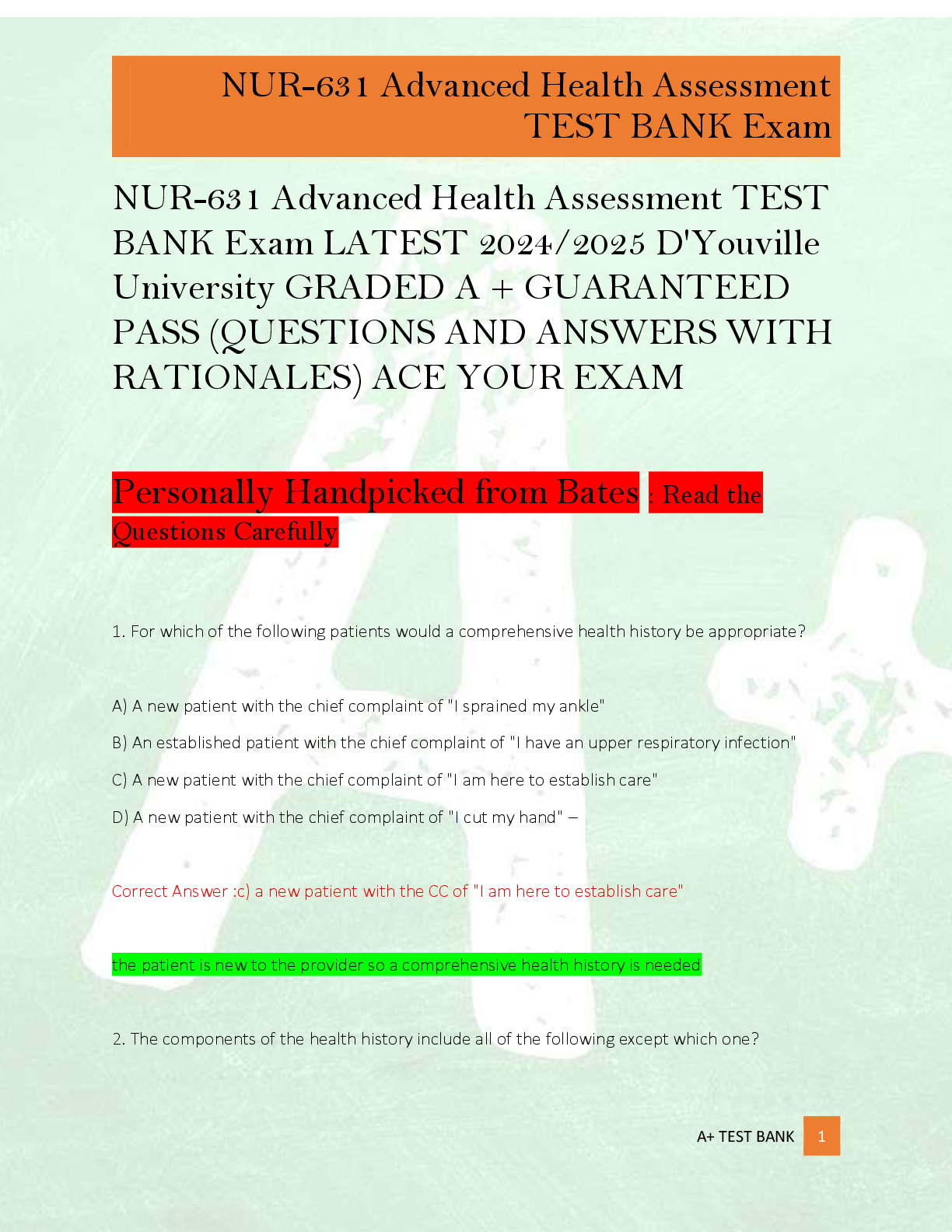 Preview of NUR-631 Advanced Health Assessment TEST  BANK Exam LATEST 2024/2025 D'Youville  University GRADED A + GUARANTEED  PASS (QUESTIONS AND ANSWERS WITH  RATIONALES) ACE YOUR EXAM