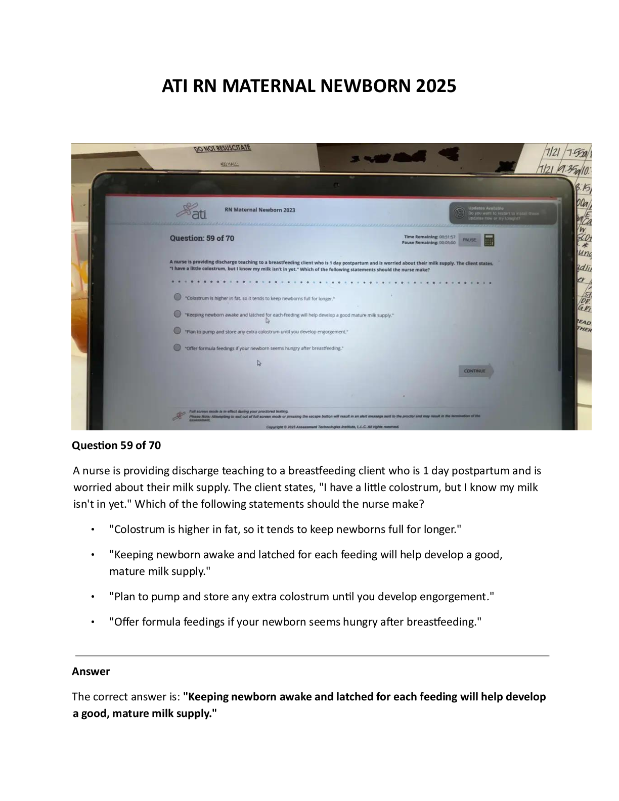 Preview image for ATI RN Maternal Newborn Proctored Exam 2023-2025 with NGN (70 Real Exam Questions and Answers) - Complete Actual Exam for RN Maternal Newborn 2025