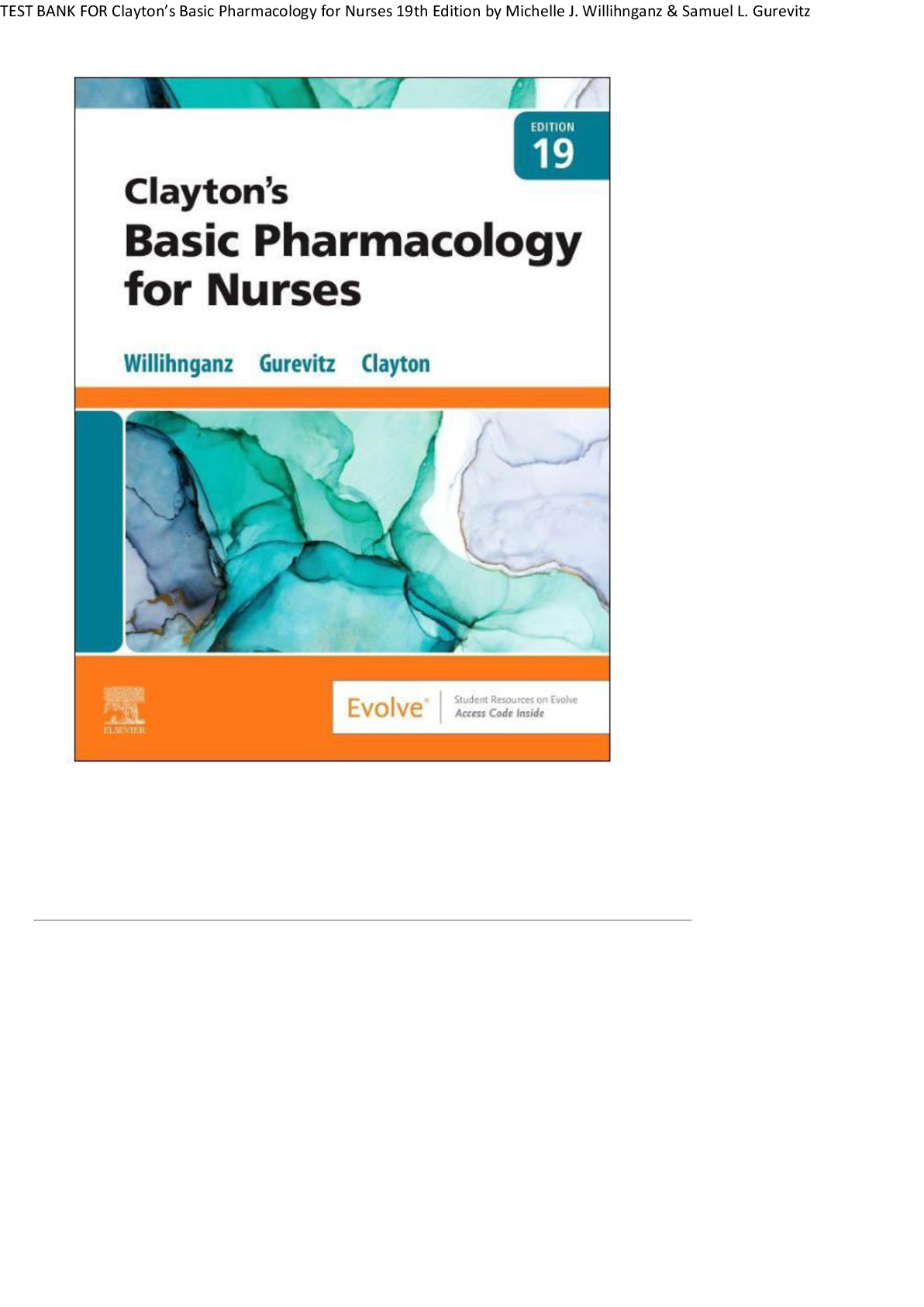 Preview image for TEST BANK FOR Clayton’s Basic Pharmacology for Nurses 19th Edition by Michelle J. Willihnganz & Samuel L All Chapters! RATED A+ 100% CORRECT ANSWERS