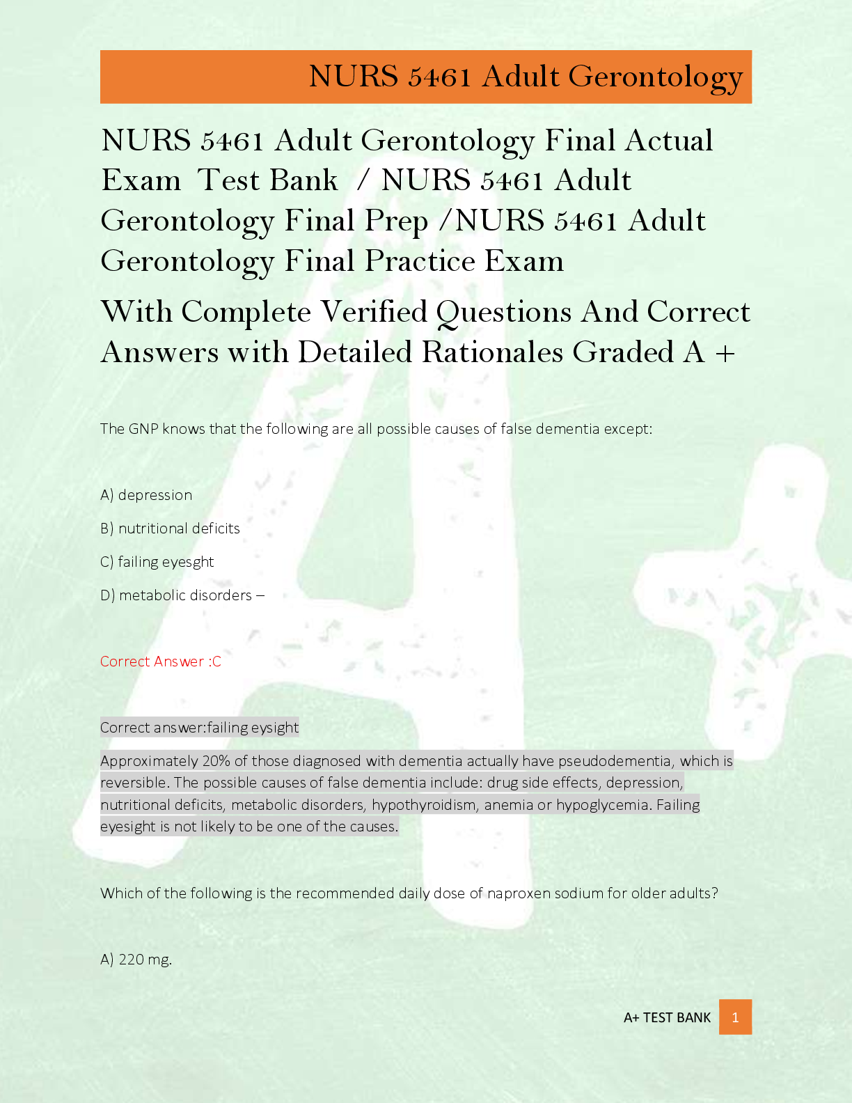 NURS 5461 Adult Gerontology Final Actual  Exam  Test Bank  / NURS 5461 Adult  Gerontology Final Prep /NURS 5461 Adult  Gerontology Final Practice Exam   With Complete Verified Questions And Correct  Answers with Detailed Rationales Graded A +