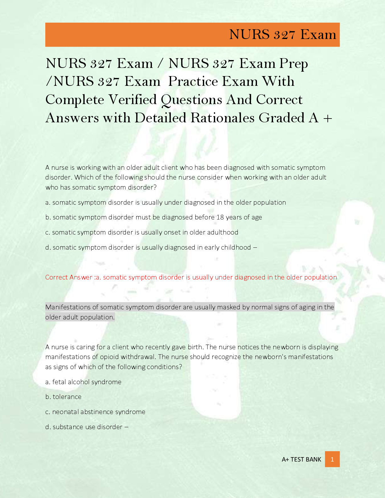 Preview of NURS 327 Exam / NURS 327 Exam Prep  /NURS 327 Exam  Practice Exam With  Complete Verified