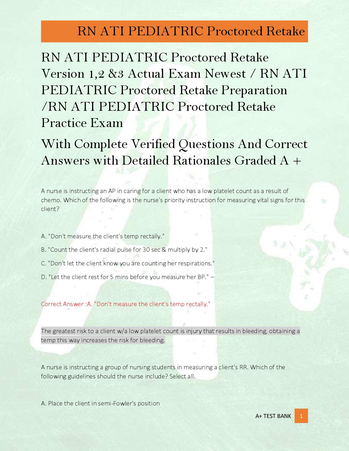 Preview of RN ATI PEDIATRIC Proctored Retake  Version 1,2 &amp;3 Actual Exam Newest / RN ATI  PEDIATRIC Proctored Retake Preparation  /RN ATI PEDIATRIC Proctored Retake  Practice Exam  With Complete Verified Questions And Correct  Answers with Detailed Rationales Graded A +