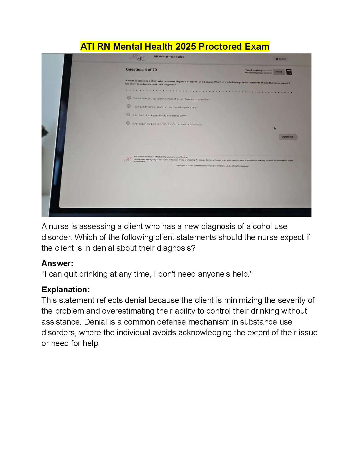 Preview image for Expected ATI RN Mental Health Proctored Exam 2023/2025 with NGN: 70 Questions & 100% Verified Answers | Exclusive Nursing RN ATI Mental Health 2023/2025 Proctored Exam with NGN