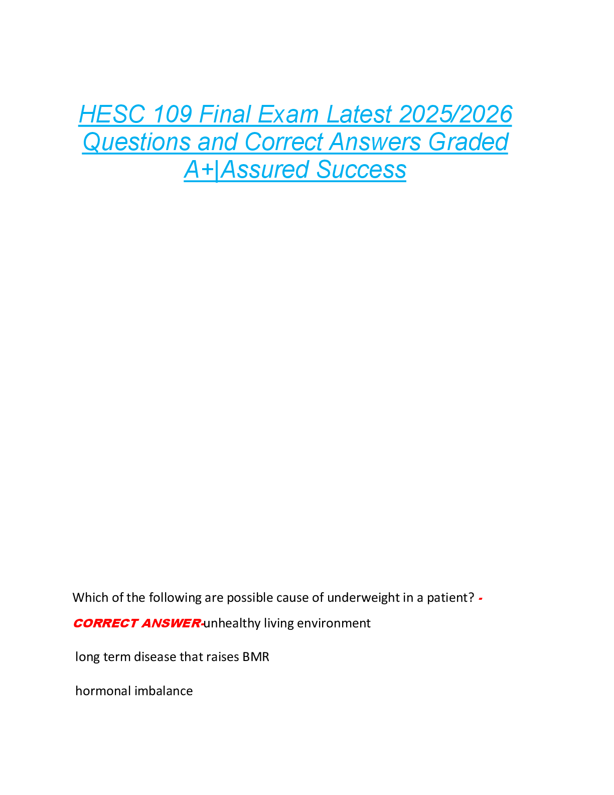 Preview of HESC 109 Final Exam Latest 2025/2026  Questions and Correct Answers Graded  A+|Assured Suc