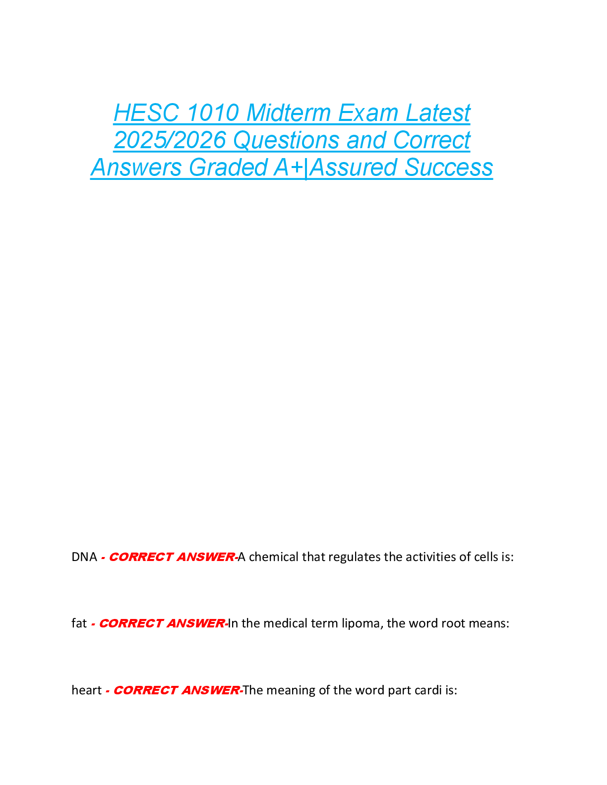 Preview of HESC 1010 Midterm Exam Latest  2025/2026 Questions and Correct  Answers Graded A+|Assured
